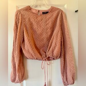 🌸 Ontwelfth Elegant Pink Textured Blouse – Cropped Fit with Chic Drawstring